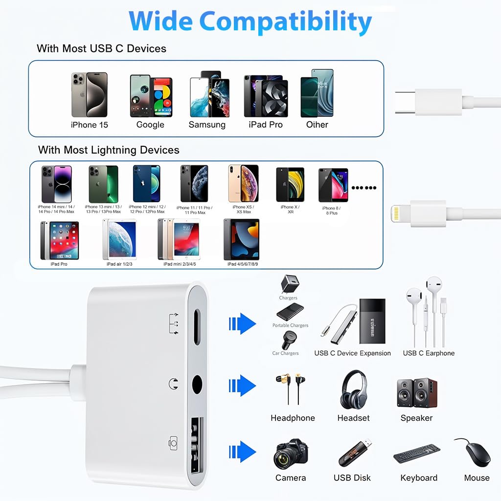 Verilux USB C OTG Adapter for iPhone and Android with 5 in 1 Ports | Type C to 3.5mm Jack