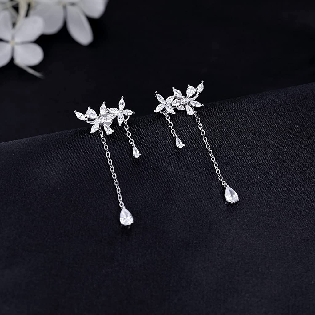 ZIBUYU® 1 Pair Women's Earrings, 925 Sterling Dainty Flowers Threader Tassel Chain Leaves Wrap Earrings Crawler for Women Gift