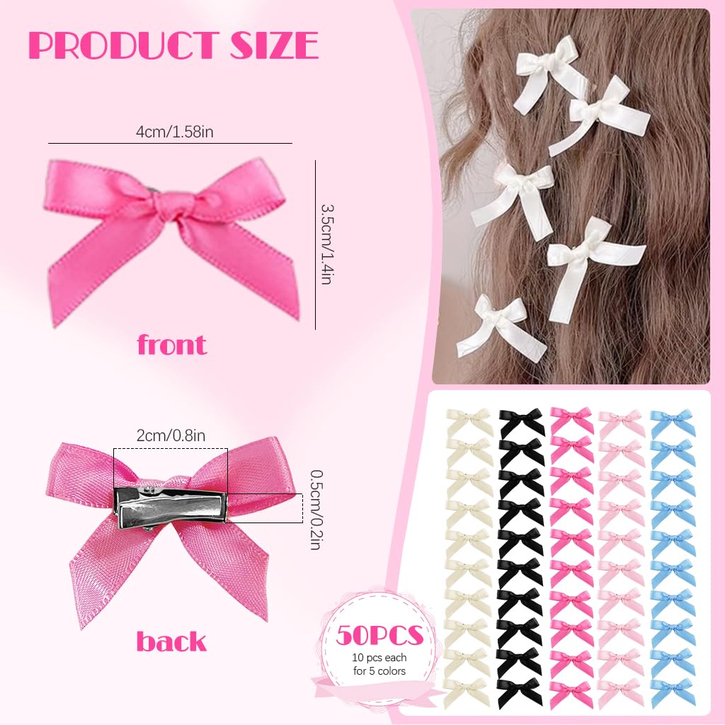 PALAY® 50Pcs Kawaii Bow Hair Clips Barrettes 4-Colors 1.57 inches Mini Lace Bow Hair Clips for Girls Women Y2K Bow Hair Clips Lace Bow Clips Hair Accessories for Women Girls