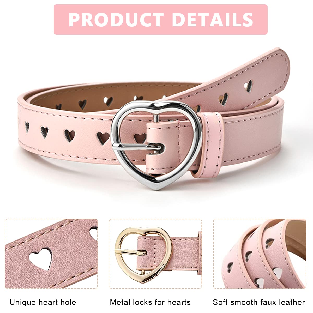 PALAY® Girls Belt for Jeans, 2 Pack PU Leather Kids Belt for Girls 6-12, Fashion Hollow Heart Metal Buckle Waist Belt for Girl Dress Pants Gift (Pink & White, Suit for Waist 26-30