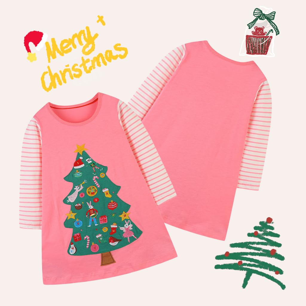 SANNIDHI Christmas Dress for Girls featuring Striped Long Sleeves and 120 cm Pink Cotton | Festive Tree Print Nightgown for Parties or Homewear