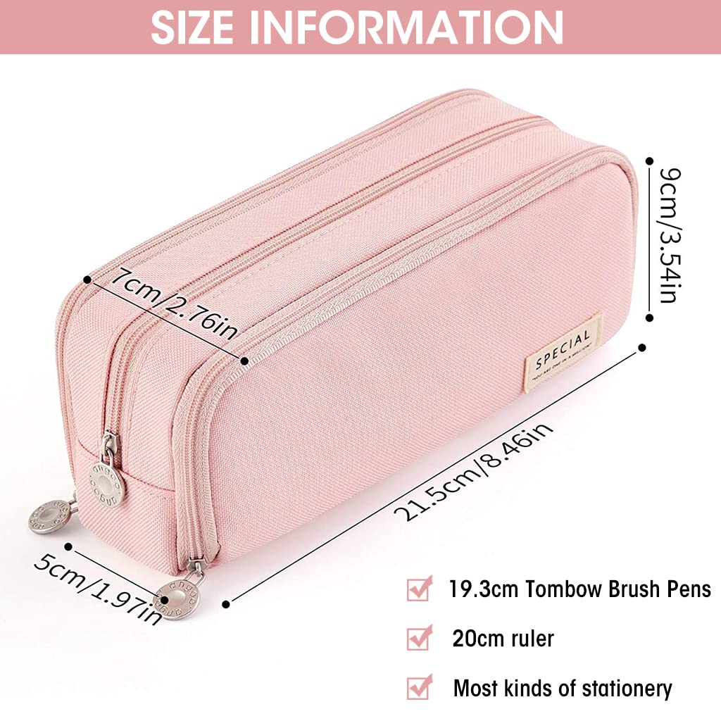 HASTHIP Pencil Case for School and Office with 3 Zippers and 21x5x9cm Capacity | Pink Multi Compartment Pouch