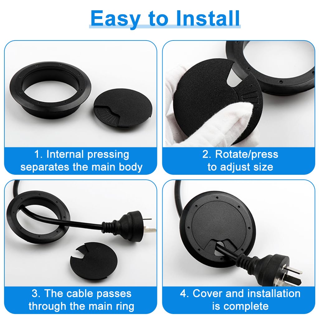Serplex Desk Grommets for Cable Management featuring Multi Slot Design 2.36 in Black | 4 Pack