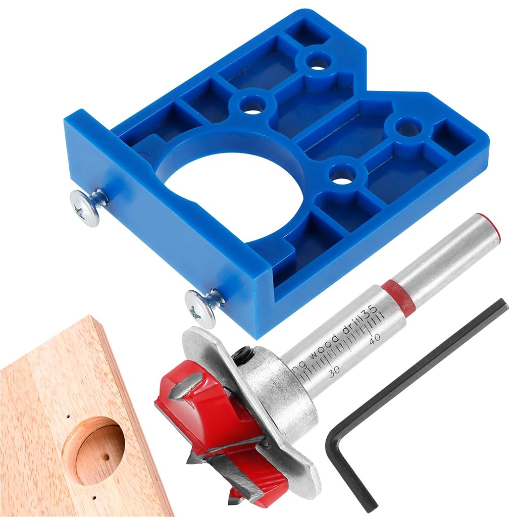 Serplex Hinge Jig Drill Bit Set for Precise Cabinet Mounting with 35mm Positioner | Blue and Orange Metal Guide