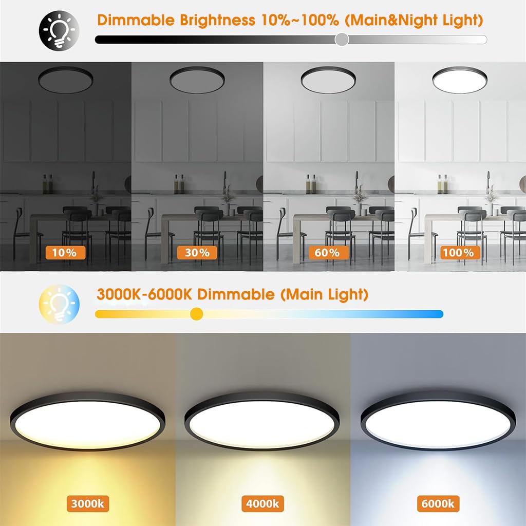 ELEPHANTBOAT LED Ceiling Light with Remote Control and 3 Color Dimmable 24 W Round Design | 1800K Night Light in Black