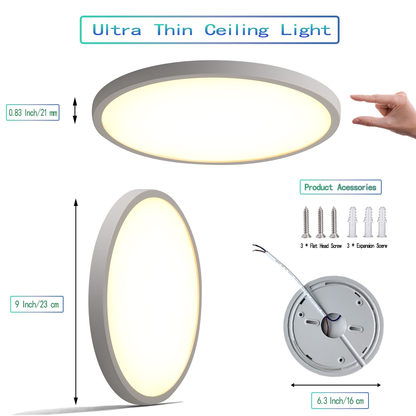 HASTHIP Flush Mount Ceiling LED Light for Bedroom and Kitchen with 9 inch Ultra Thin 24W Design | 120pcs 3000K Warm White Fixture