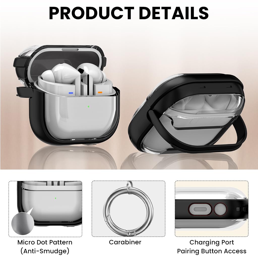 ZORBES Earbud Case Cover for Galaxy Buds 3 and 3 Pro with Folding Bracket | Clear Shockproof Rubber Protection