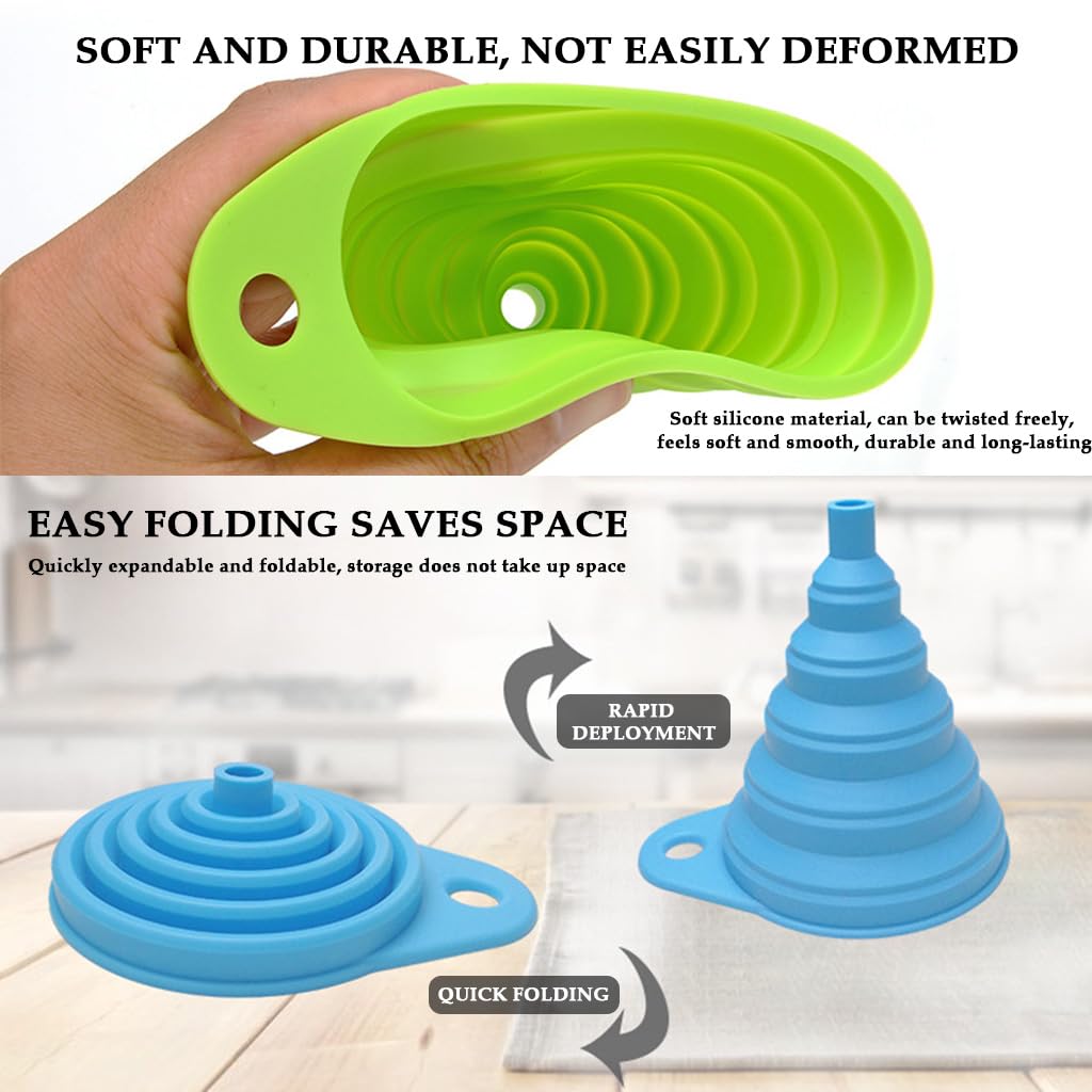 ZIBUYU Collapsible Silicone Kitchen Funnel Set of 4 for Easy Liquid Transfer featuring Foldable Space Saving Design
