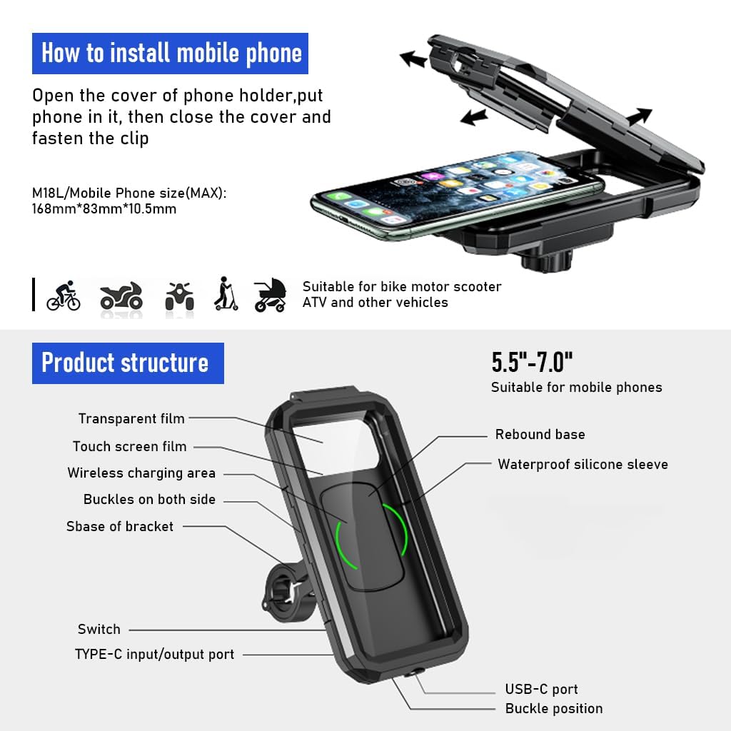 STHIRA® Mobile Holder for Bike, 360 ° Rotatable Outdoor Waterproof Phone Mount Holder with Aluminum Alloy Installation Base Anti-Glare Touch Screen Design Phone Holder for 6.1'' Phone and Below