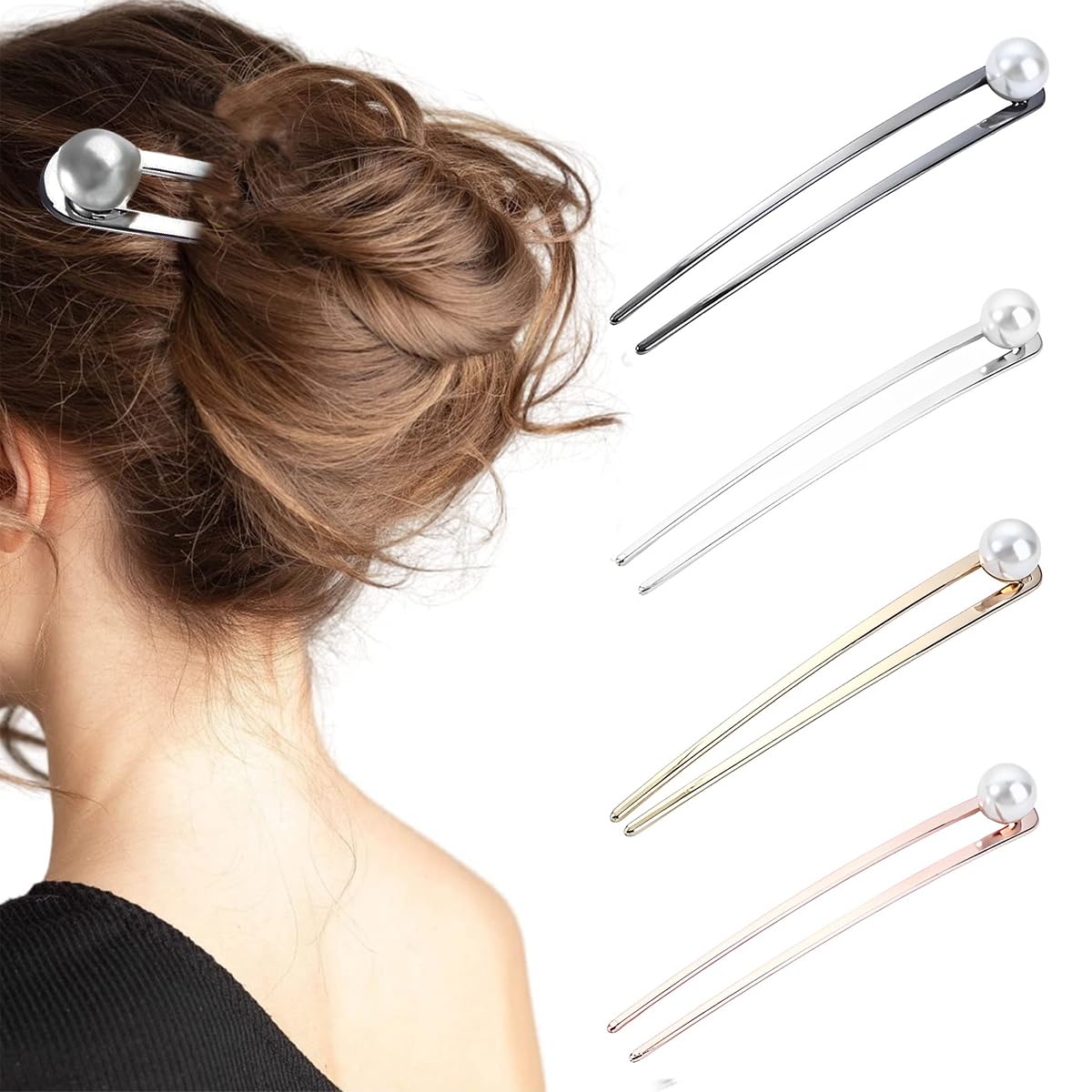 MAYCREATE® 4Pcs Pearl Hair Stick for Buns, Metal Juda Pin U Pin for Hair, 5.8in Large Hair Pins for Women Stylish Chignon Hair Bun Stick Hair Bun Accessories Girls Gift