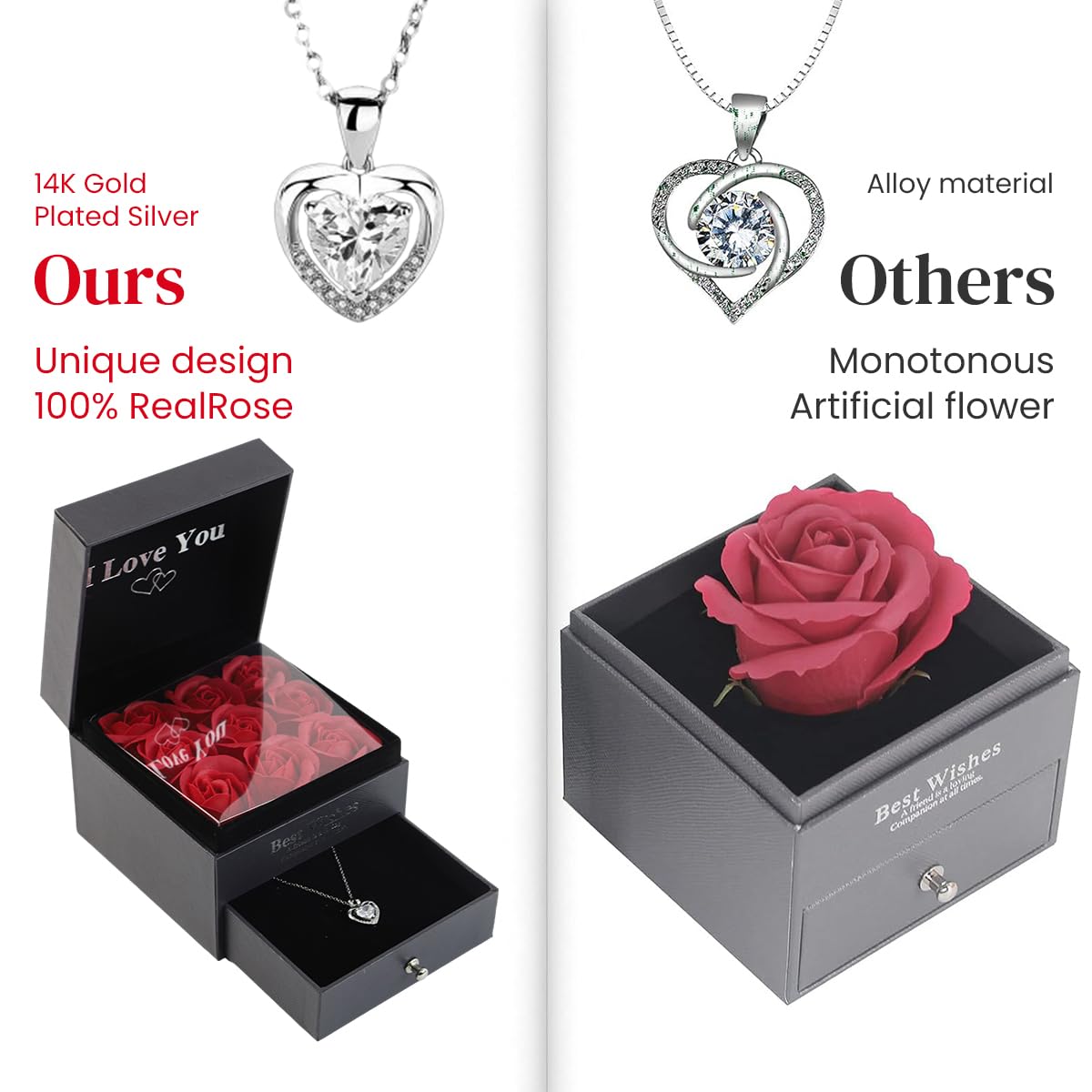 HASTHIP Preserved Real Rose Gift Box with 9 Roses and Heart Necklace for Women | Romantic Jewelry for Valentine’s Day and Anniversary