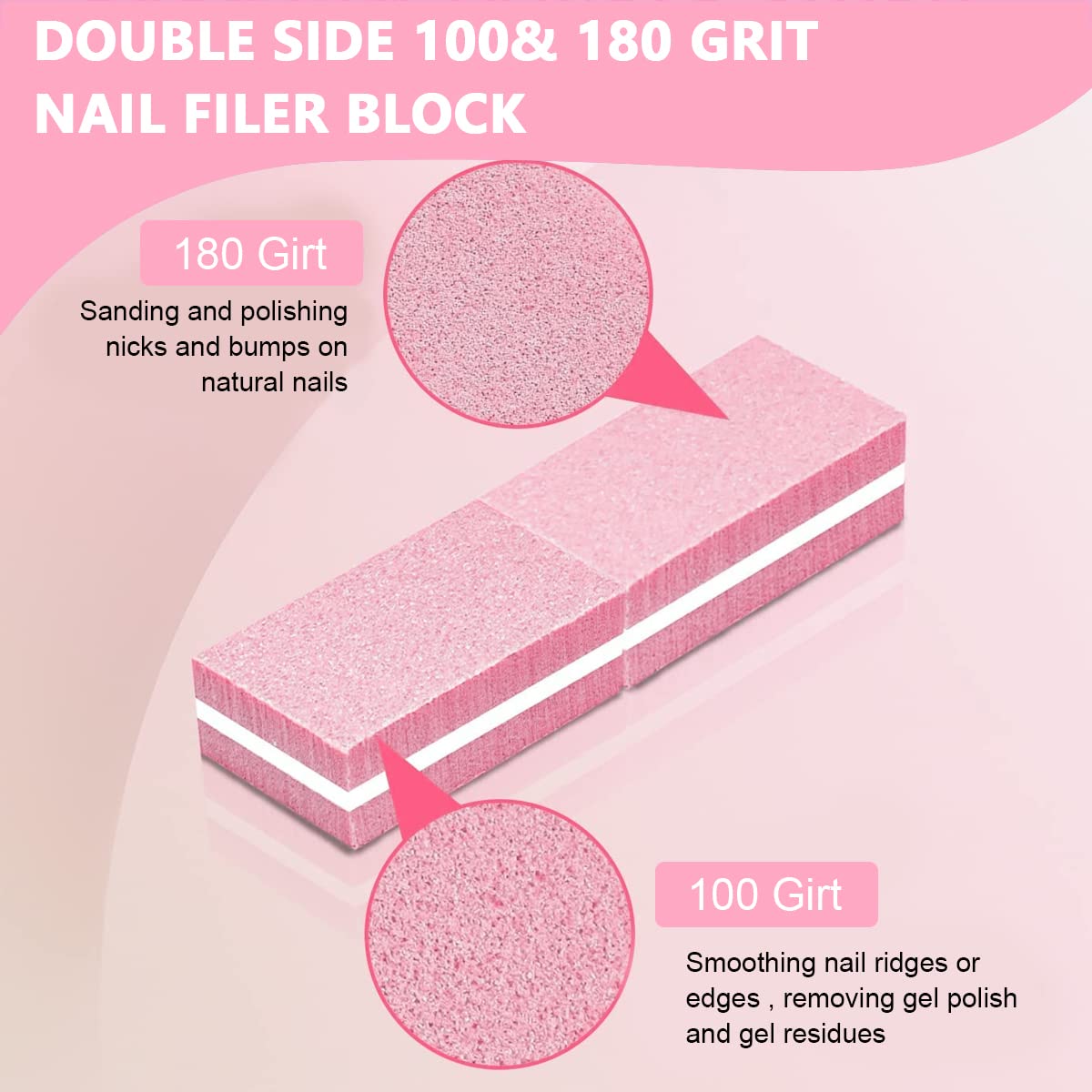 MAYCREATE Nail Buffer Mini Block File for Manicure with Double Side 100 and 180 Grit | 50pcs Pink Set