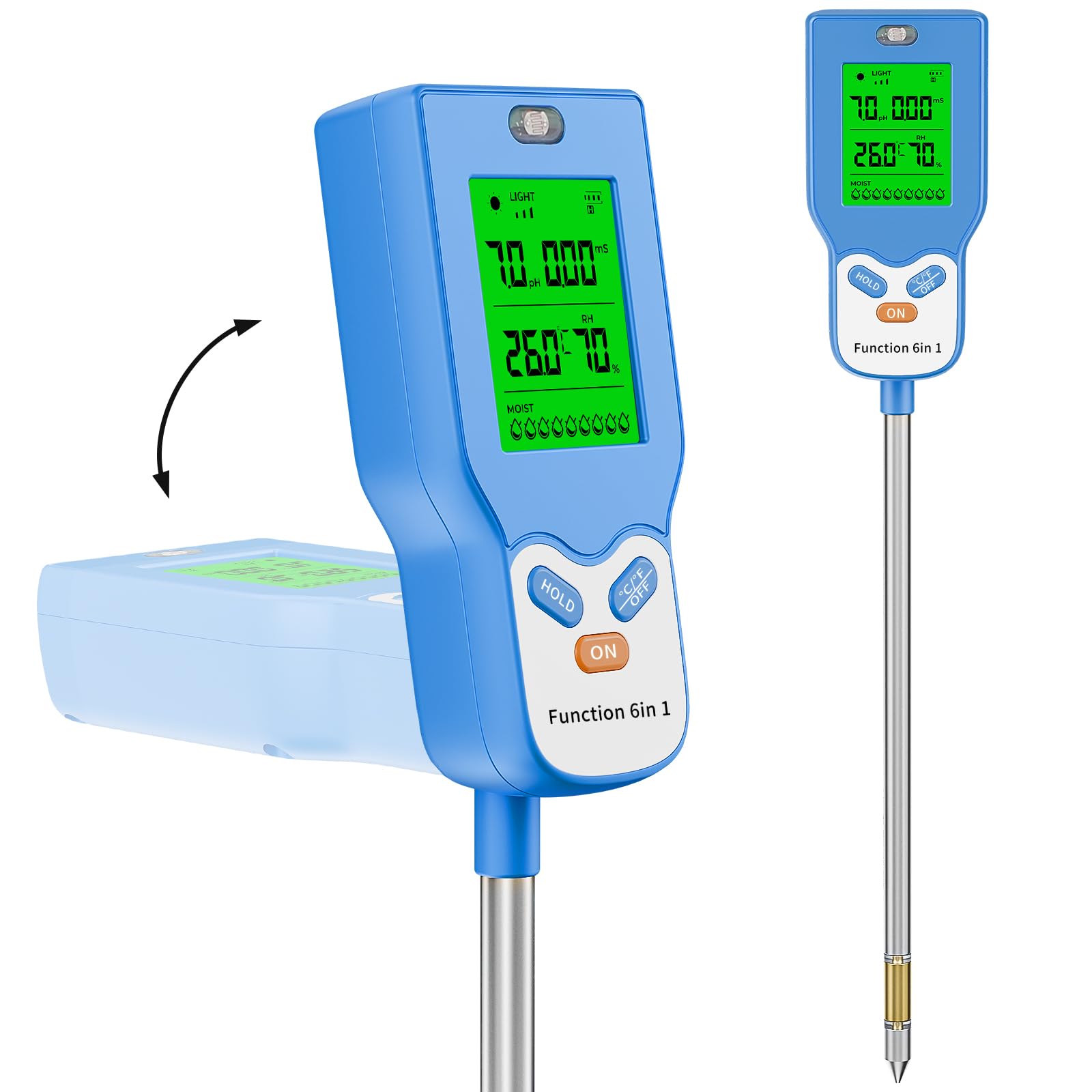 Serplex® 6-in-1 Soil Tester Digital PH Meter/Soil Moisture/Sunlight Intensity/Air Temp & Humidity/Fertility Meter with Backlight LCD Display for Gardening, Farming, Indoor and Outdoor Plants, Blue
