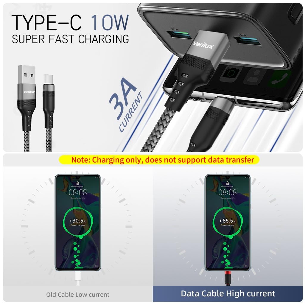 Verilux Type C Cable for Phone and Tablet featuring 8m 26ft Length and 10W Charging | 2PCS Grey