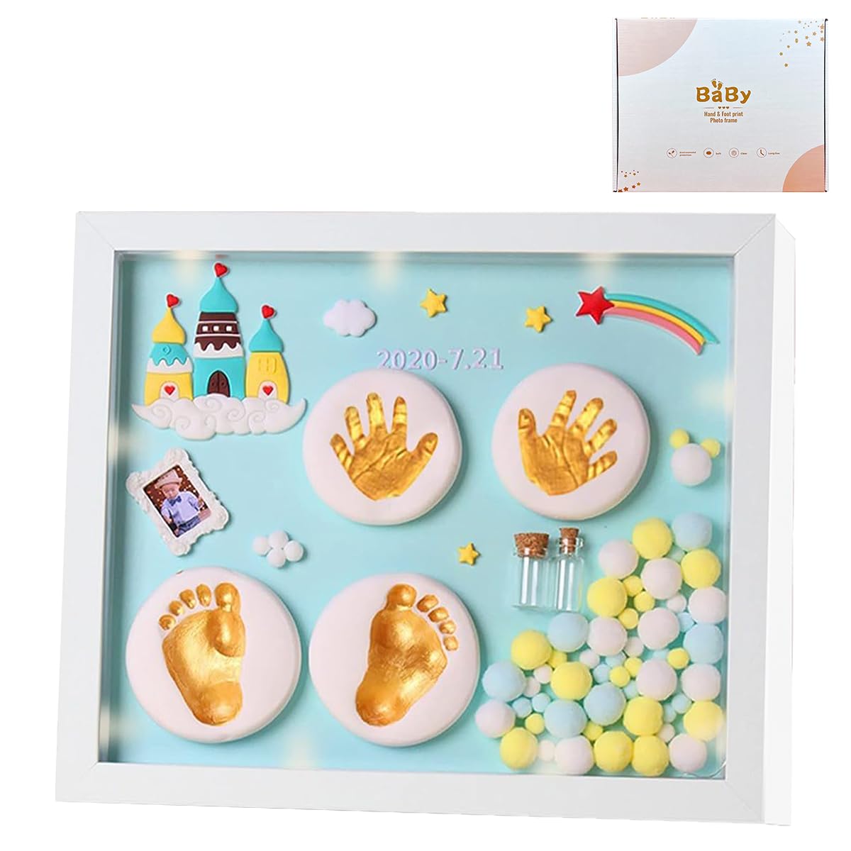 PATPAT® Casting Kit for Baby Newborn Baby Hand Print and Footprint Kit, Baby Hand and Foot Casting Kit Printing Kit with Frame Baby Shower Gifts for Girls Boys Birthday Decoration for Baby-Blue