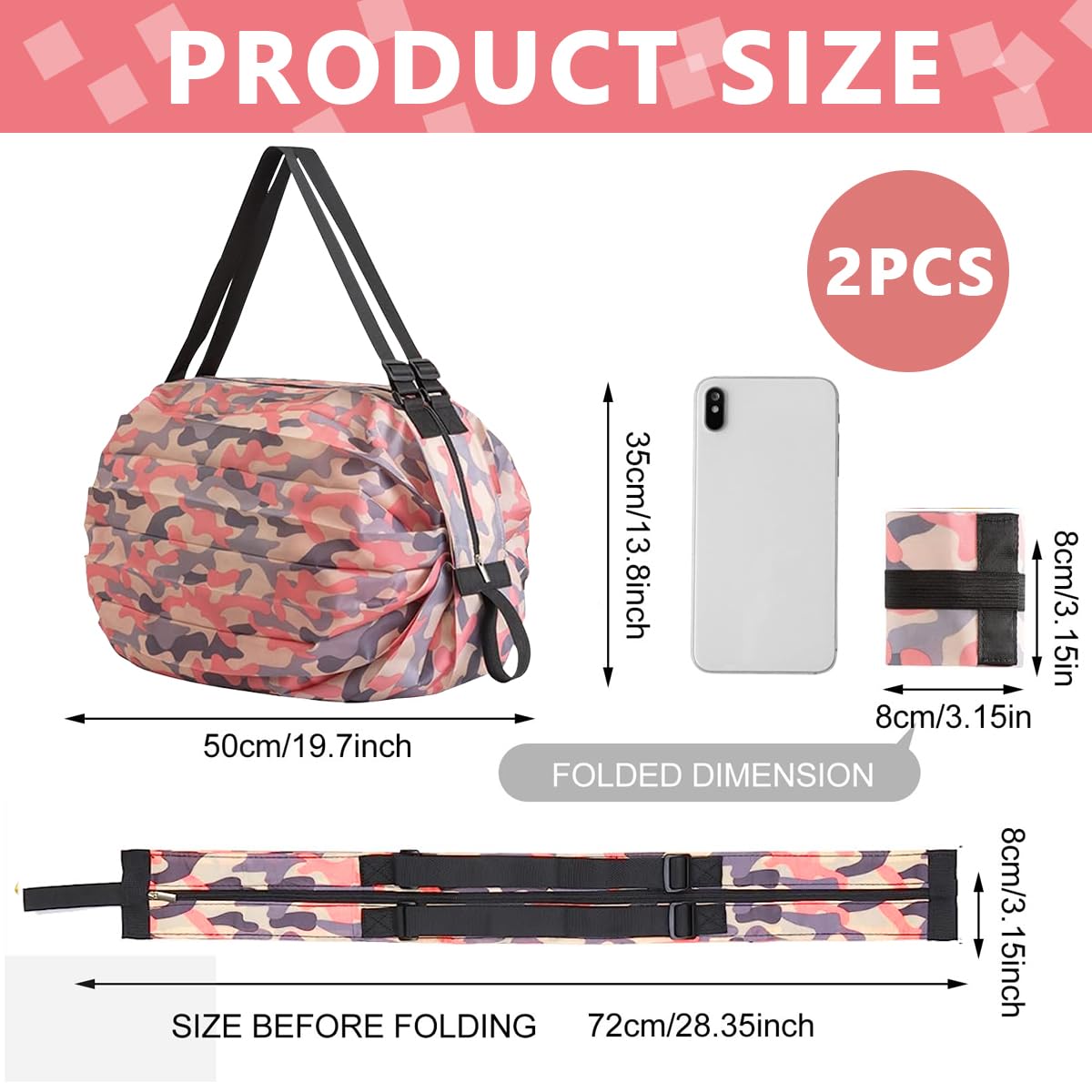 MAYCREATE Reusable Shopping Bag for Grocery with Dual Handles and Zipper | 2Pcs 40×40cm Nylon Foldable Waterproof Tote