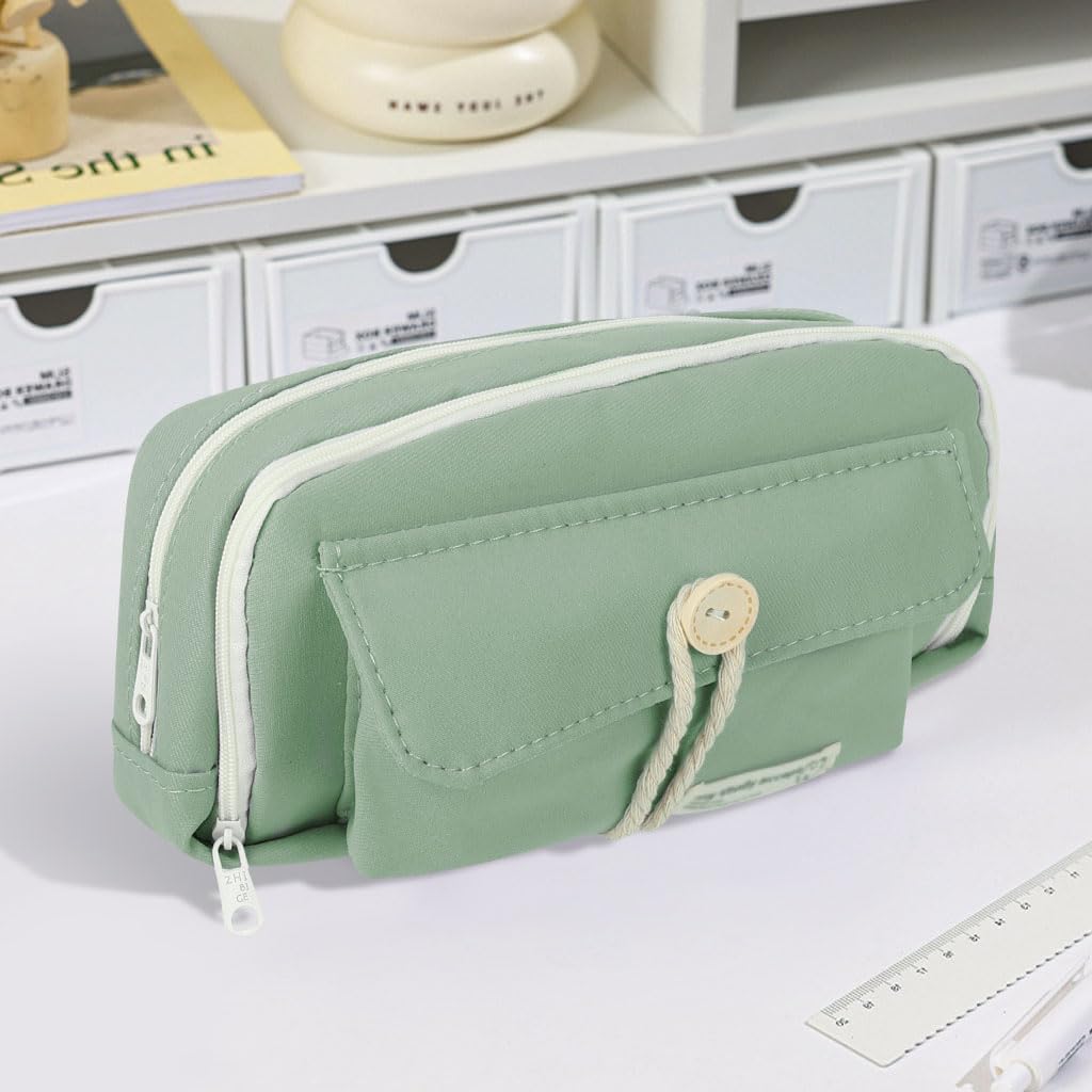 Zibuyu Pencil Pouch for School and Office with Double Layer Zip-Up Design | 21x11x7.5cm Green Canvas