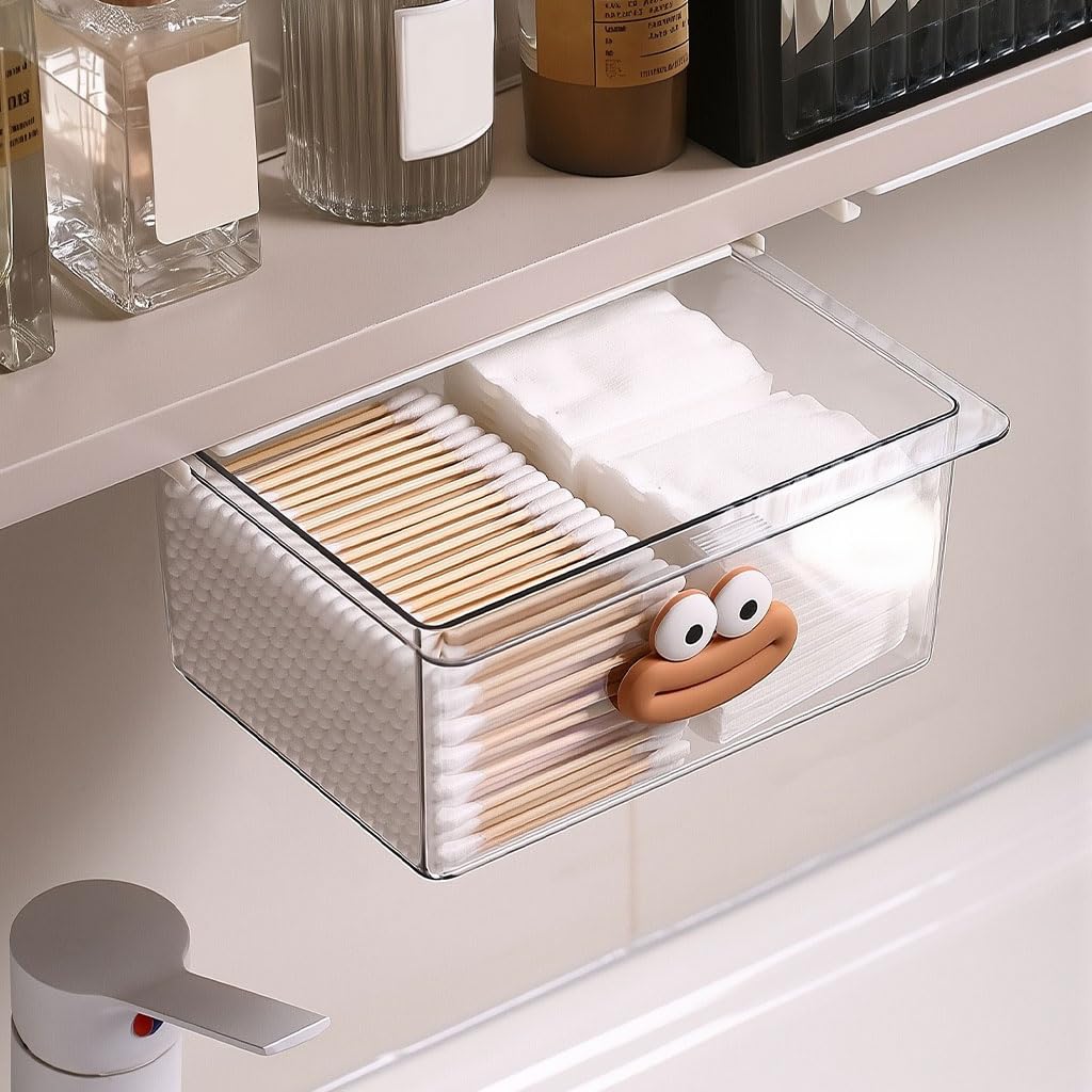 HASTHIP Under Desk Drawer Organizer for Bathroom and Office with No Drill Adhesive | Transparent 3.14 x 4.7 x 3.14 in Pull Out Storage Box