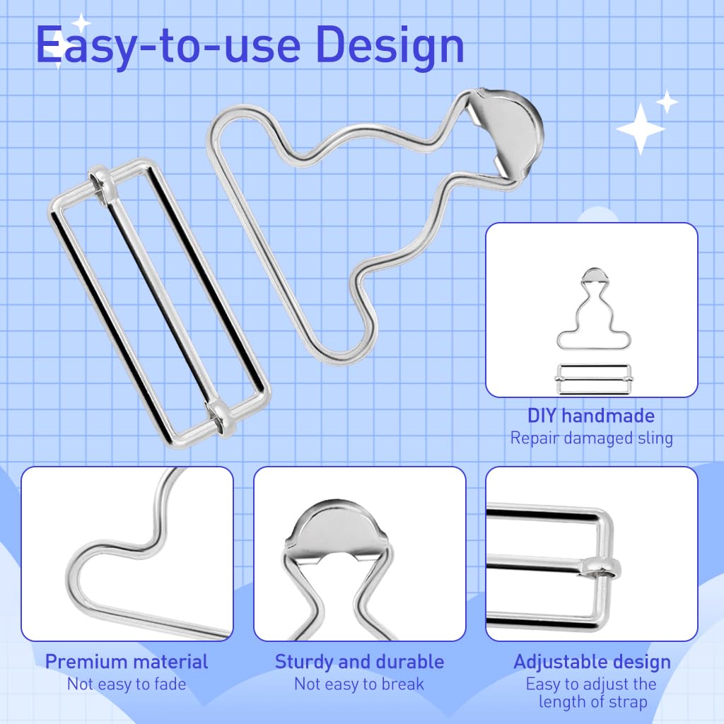 HASTHIP Metal Brace Buckles for DIY Suspenders and Leather Straps with Secure Grip Clips | Silver 2 Piece Set