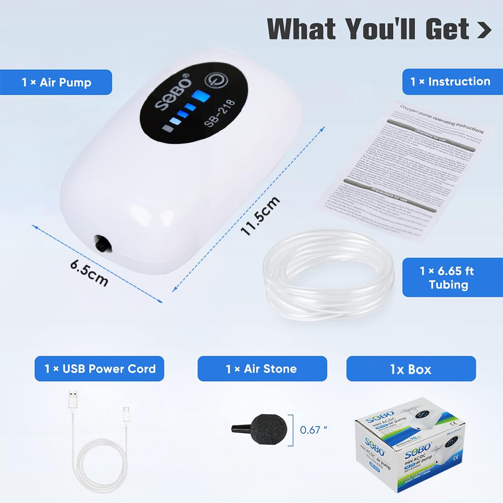 Qpets Aquarium Air Pump for Fish Tanks featuring USB Rechargeable 2600mAh Battery | Ultra Quiet 2.5L/min Oxygen Generator