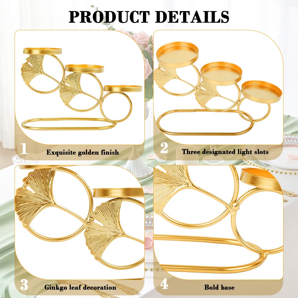HASTHIP Candle Holder Stand for Home Decor with Three-Cup Design and 7.84x4.72 in Size | Golden Ginkgo Metal Tealight Display