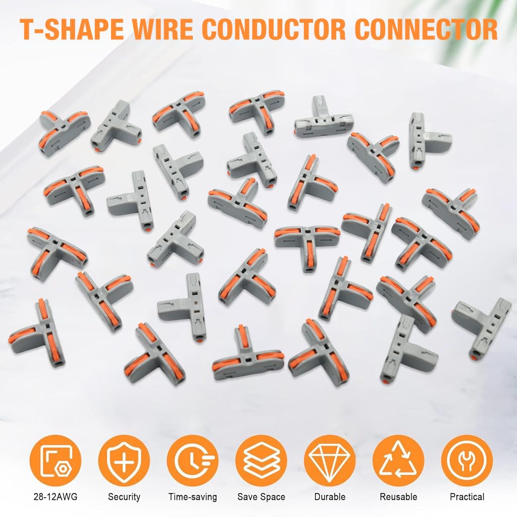 Serplex® 30Pcs Wire Connectors T-Shape 3 Way Wire Conductor Quick Cable Splitter Electrical Connectors Push-in Terminal Block Wire Connectors Universal Wire Connector for AWG 28-12 Cable