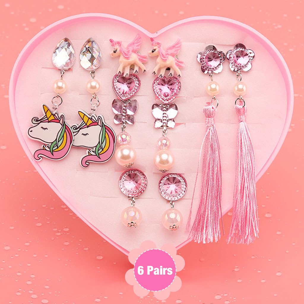 SANNIDHI 6 Pairs Earrings for Girls Stylish Unicorn Princess Clip On Earrings for Non Pierced Ears Dress Up Pretend Play Rhinestone Pearl Earrings Set Cute Kids Earrings for Girls Jewellery Gift