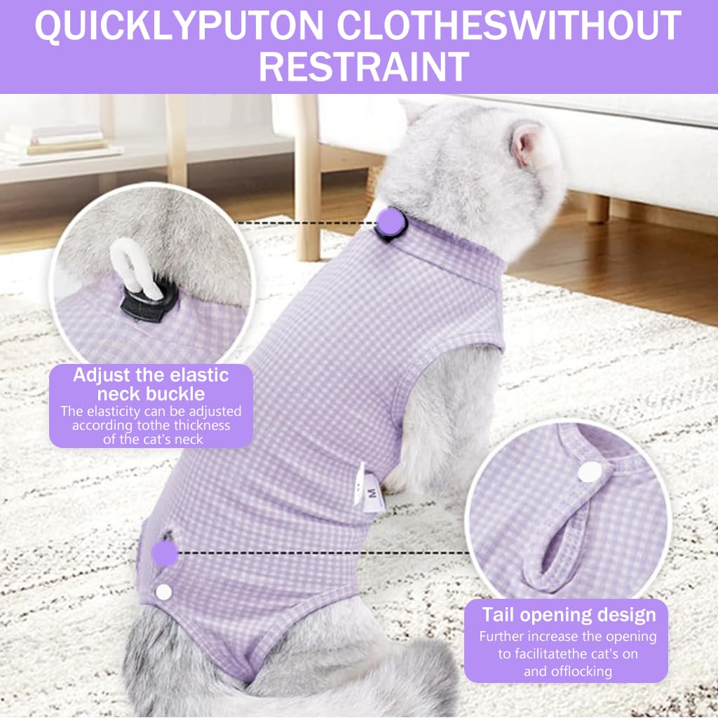 Qpets® Cat Recovery Suit, After Surgery Cat Clothes Fix Wound Wrap, Snap Button Closure Design, Purple Plaids Cat Surgery Suit for Surgery Recovery, Cat Clothes with Adjustable Neckline, L