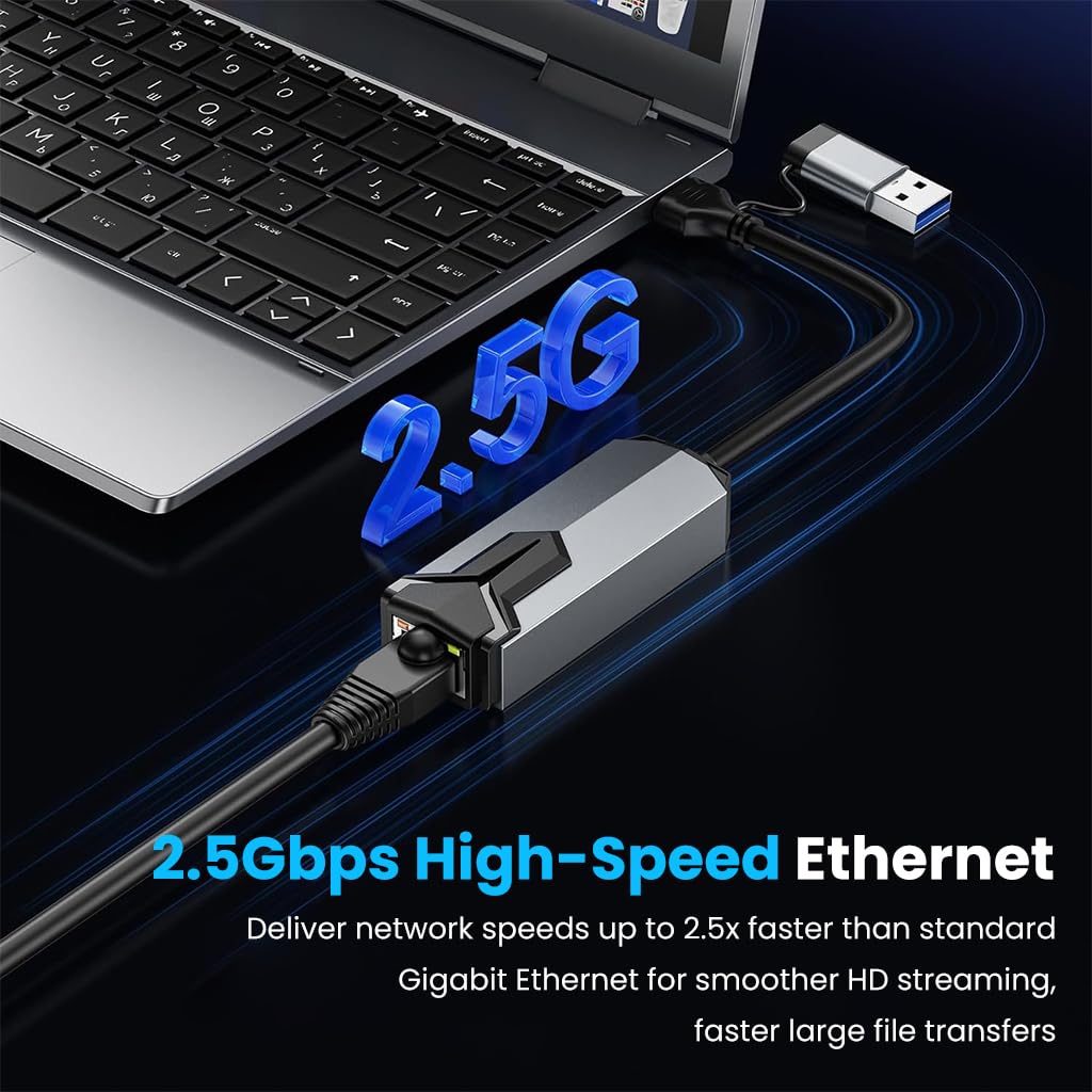 ZORBES USB C to 2.5 Gigabit Ethernet Adapter with Dual Connector Design and Aluminum Housing | Plug & Play for Windows macOS and Linux
