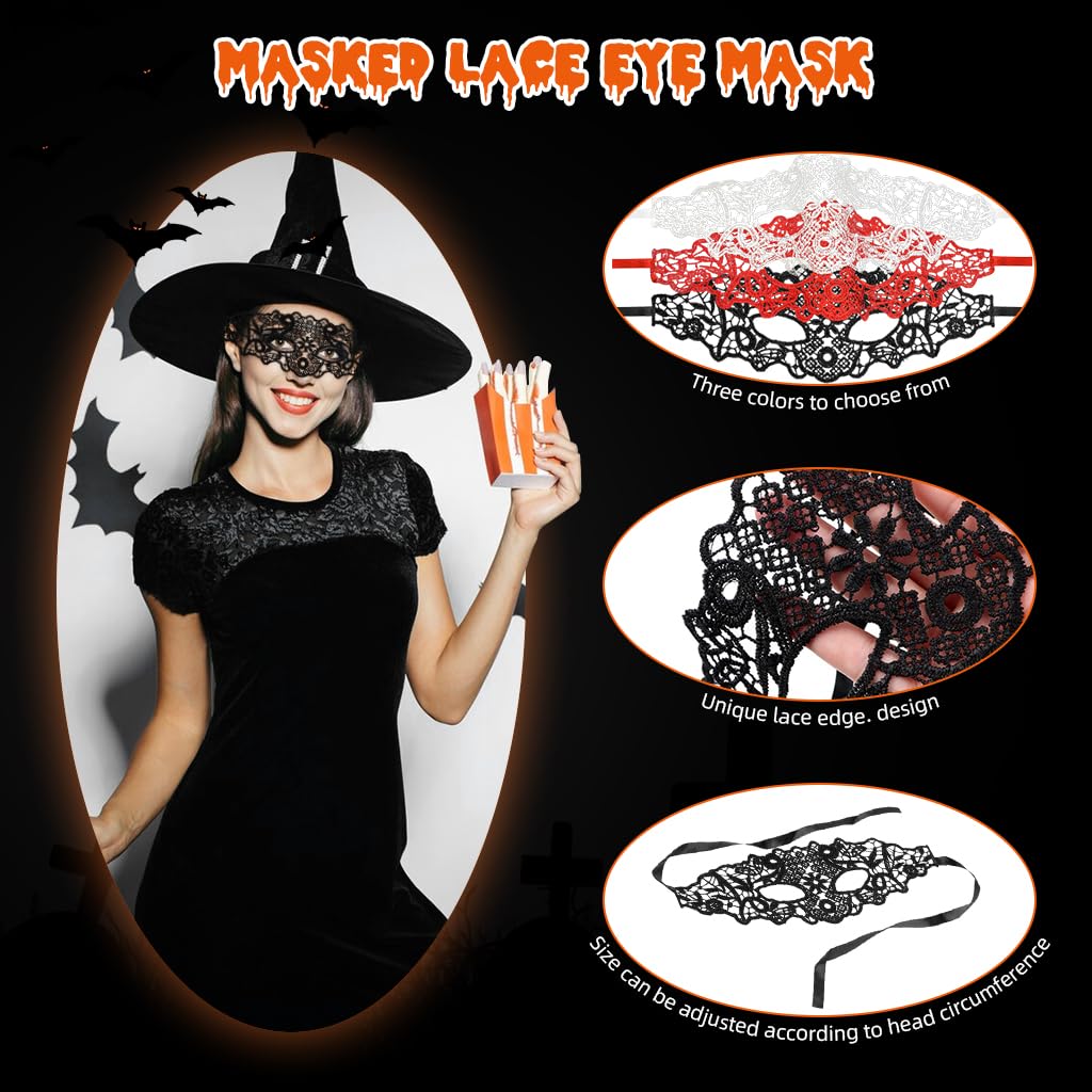 PATPAT Masquerade Mask for Women featuring Lace Floral Cutouts and Adjustable Tie-Back | 3 Pcs Set in Black White and Red