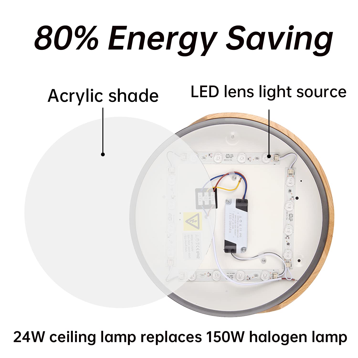 ELEPHANTBOAT LED Ceiling Light for Home featuring 24W 3000K Warm White Acrylic Shade | Wooden Frame