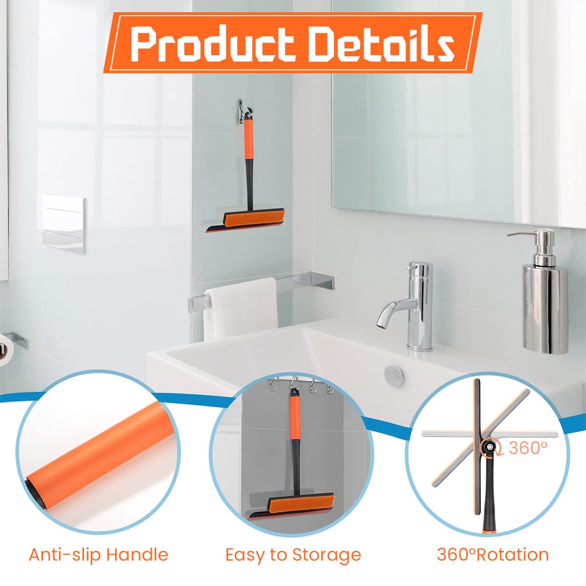HASTHIP Shower Squeegee for Windows and Glass featuring 3 in 1 Design with 360° Rotating Head