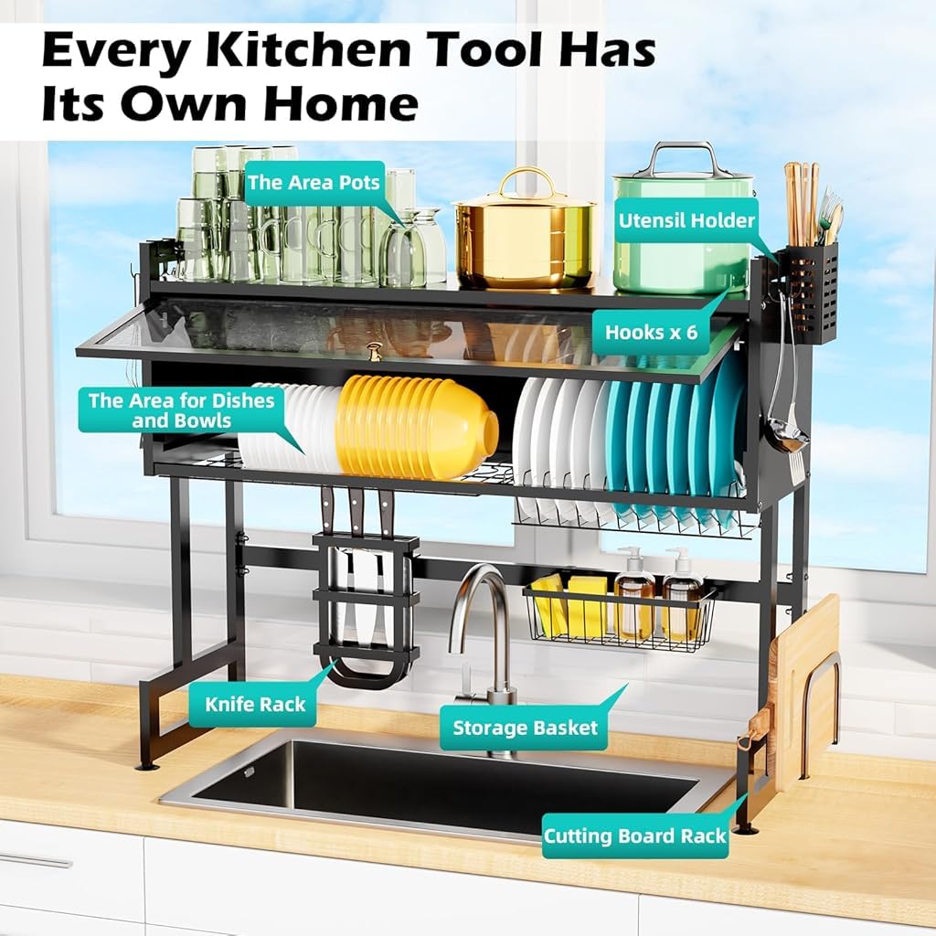 HASTHIP Over Sink Kitchen Organizer for Cutlery and Dishes featuring 2 Tier Carbon Steel Rack