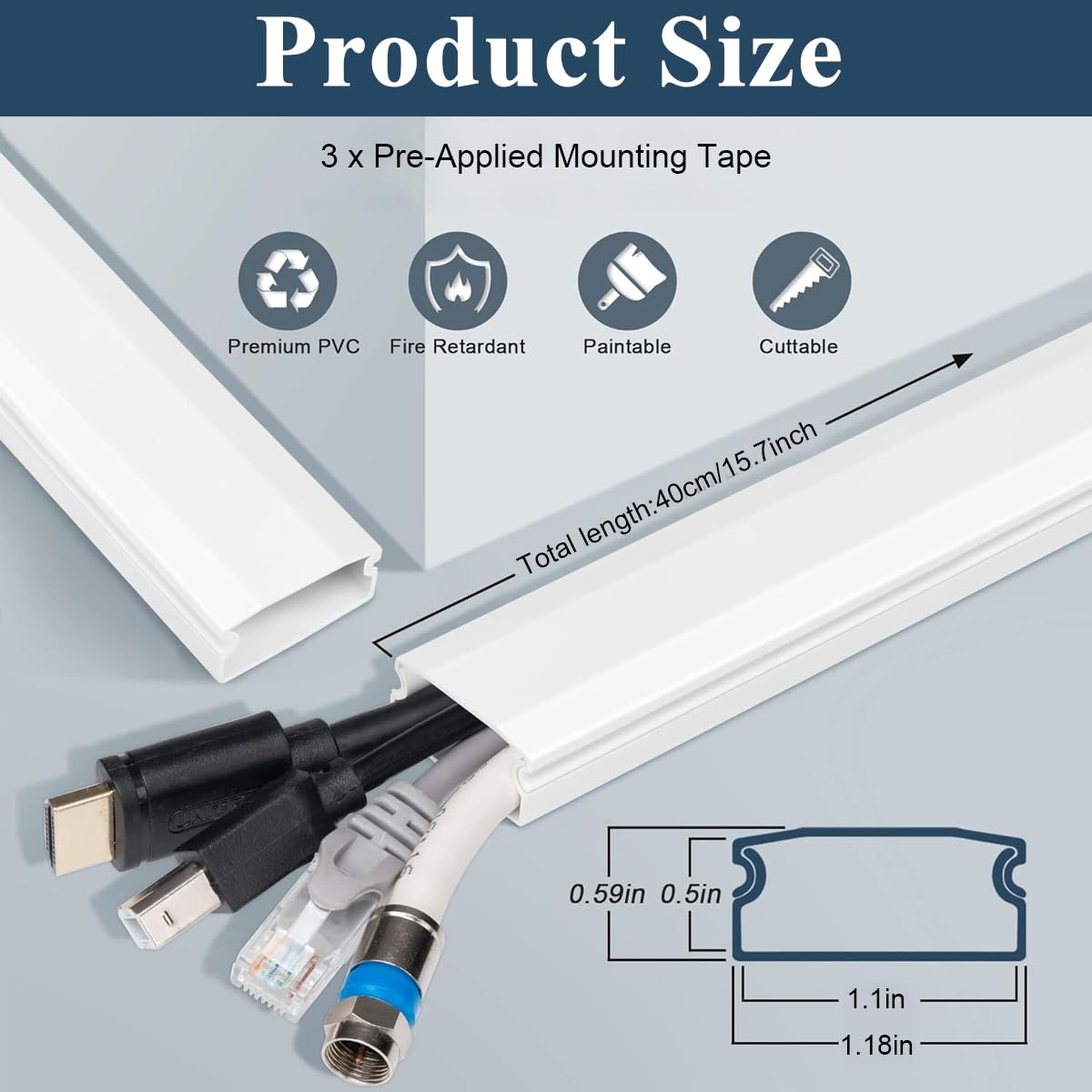 Serplex Cord Hider for Wall Cable Management with Sliding Holder 3Pcs 15.7 in White | PVC Wire Cover