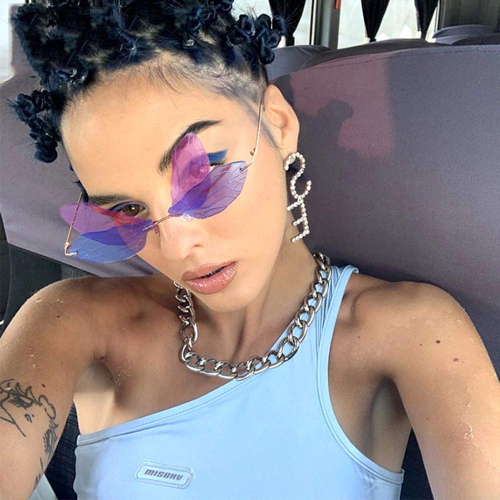 PALAY Frameless Dragonfly Wing Sunglasses with Transparent Ocean Lens for Women and Men | Pink Yellow and Blue Purple