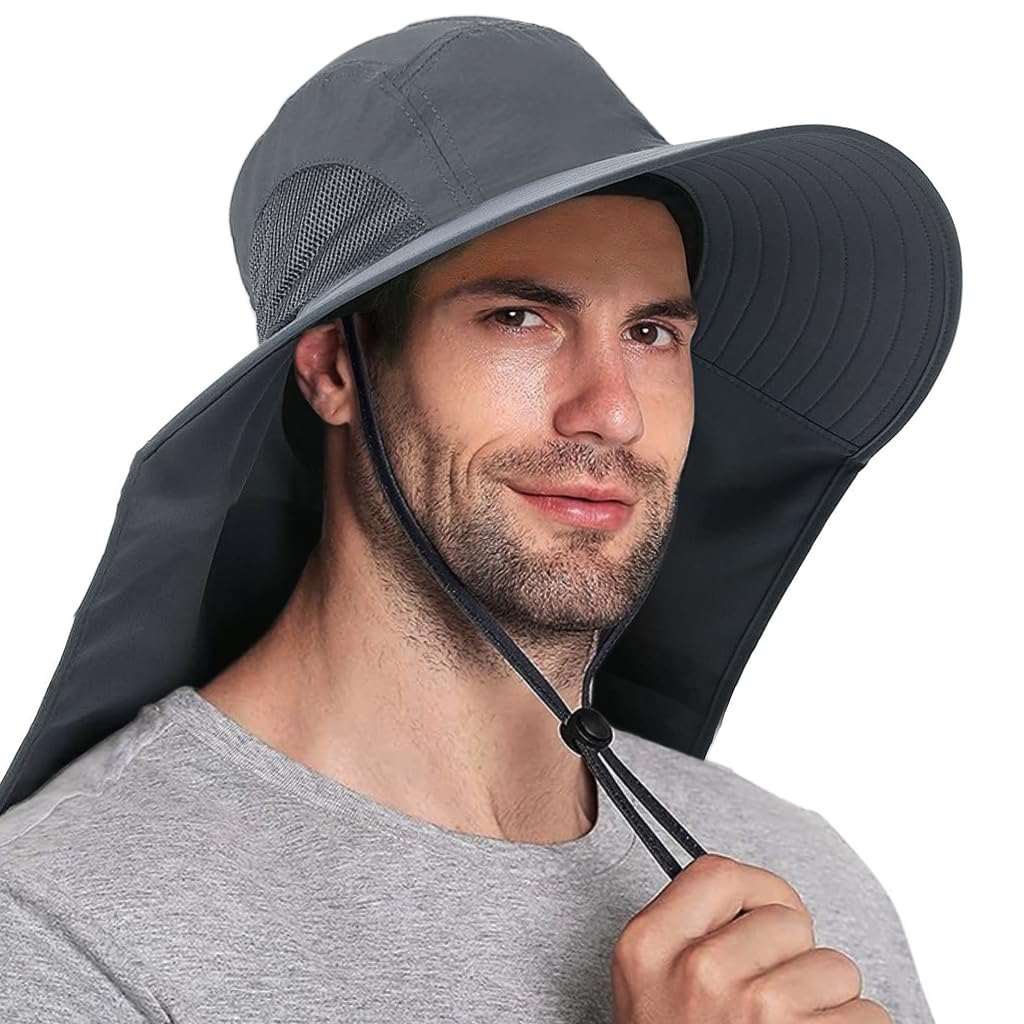 GUSTAVE® Sun Hat for Men, Fashion Wide Brim Hat UV Protection Cowboy Hats Neck Flap Design & Adjustable Windproof Chin Strap Sun Hat Unisex Sun Hat Breathable Sun Hat for Hiking, Fishing, Gardening