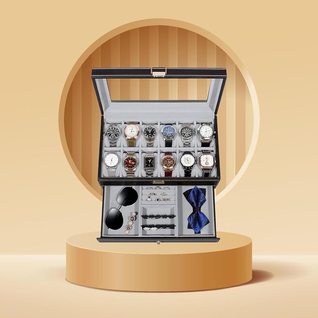 ZIBUYU Men's Jewelry Box Wooden PU Watch Storage Organizer 12-Grid Double Layer Watch Organizer Holder with Pillows Stylish Men Jewelry Box Organizer for Bracelet, Necklace, Rings, Ear Studs, Watches