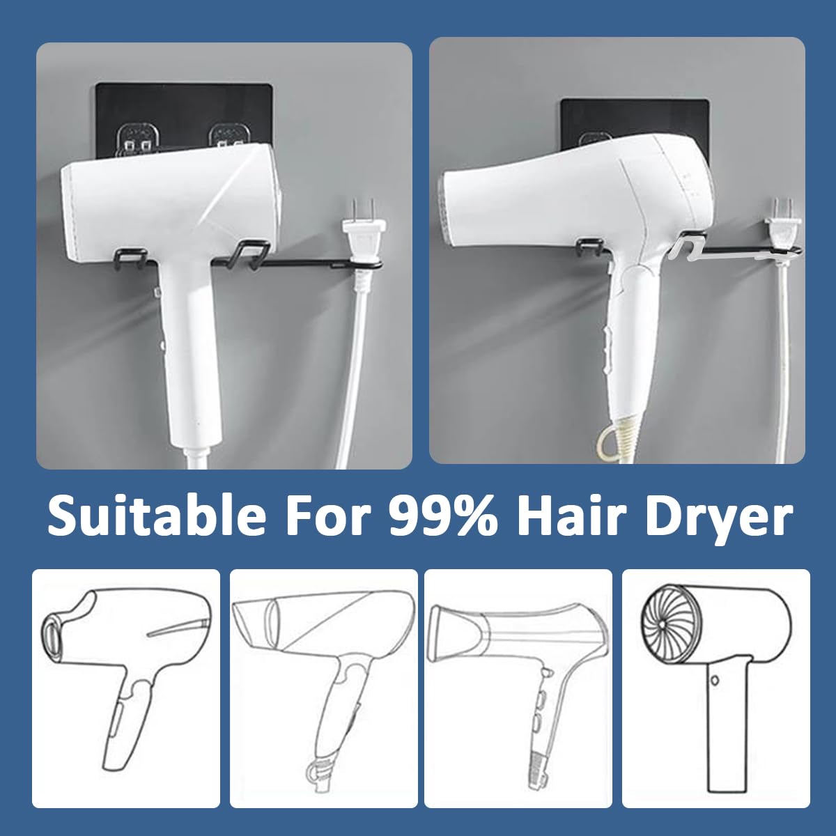 HASTHIP Hair Dryer Stand for Bathroom with Plug Holder featuring Self Adhesive Mount | Stainless Steel Wall Organizer in Black