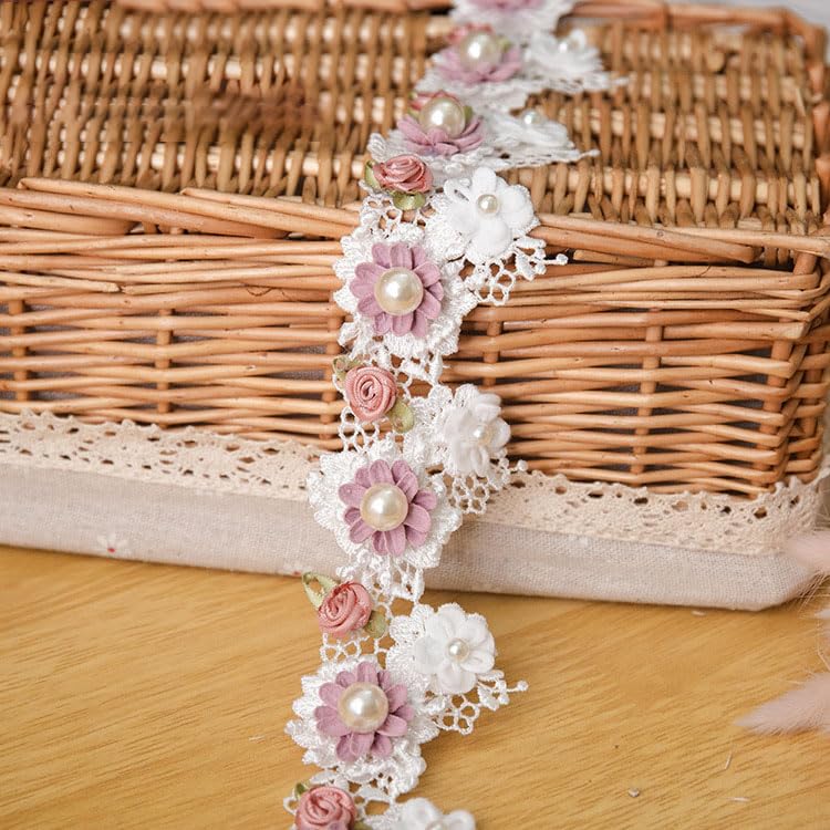 HASTHIP® 1 Yard Elegant Vintage Style Apricot Polyester Lace Flower Pearl Beads Ribbon Trim in 5.5 cm Width for Decorations