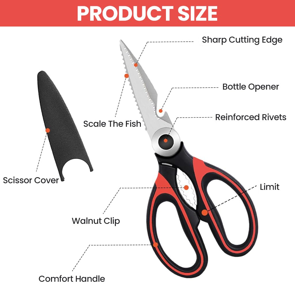 ZORBES® Kitchen Scissors with Sheath, Stainless Steel Kitchen Scissor Culinary Shears Fish Scaler Nutcracker Bottle Opener Kitchen Utility Shears for Meat, Herbs, Vegetables, Small Bones