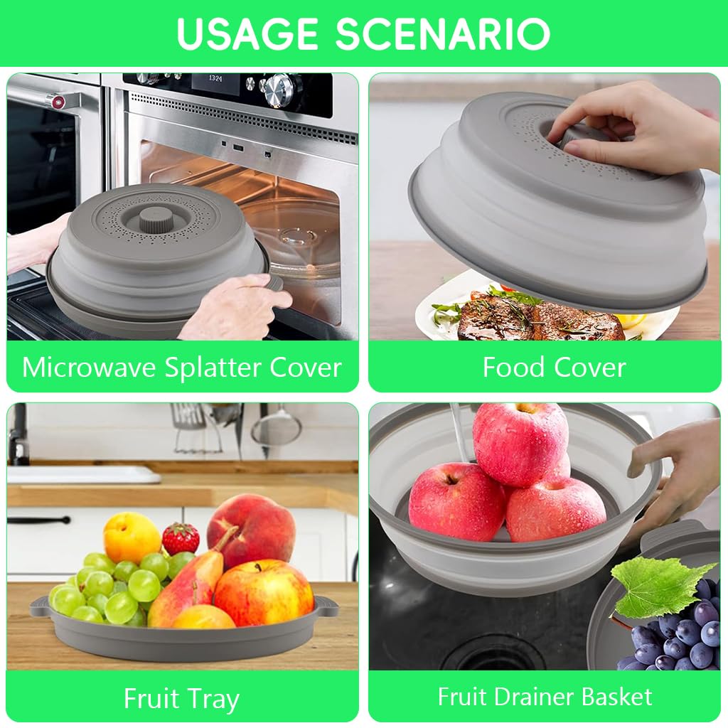 HASTHIP Microwave Plate Cover for Heating with 10.6 in Collapsible Lid and Steam Vent | Grey