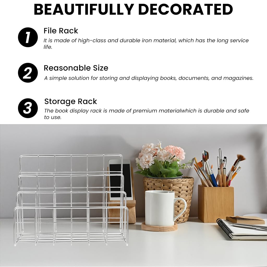 Zibuyu 3 Tier Metal Book Organizer for Home Office with Wire Design | Silver Desktop File Holder