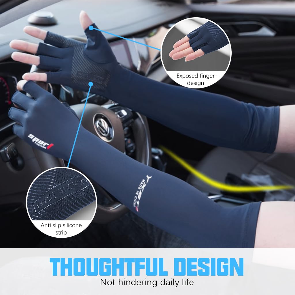 PALAY Hand Gloves for Sun Protection with Integrated Fingerless Design and Cool Ice Silk | 2PCS Blue for Cycling and Driving