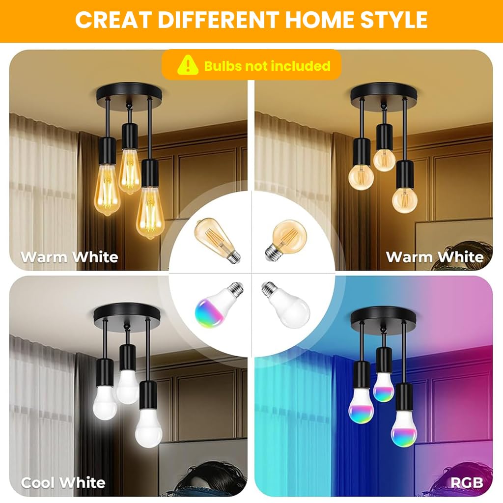ELEPHANTBOAT Vintage 3-Light Chandelier for Apartment and Bathroom with E27 Bulb Compatibility | Black Iron Ceiling Light Fixture