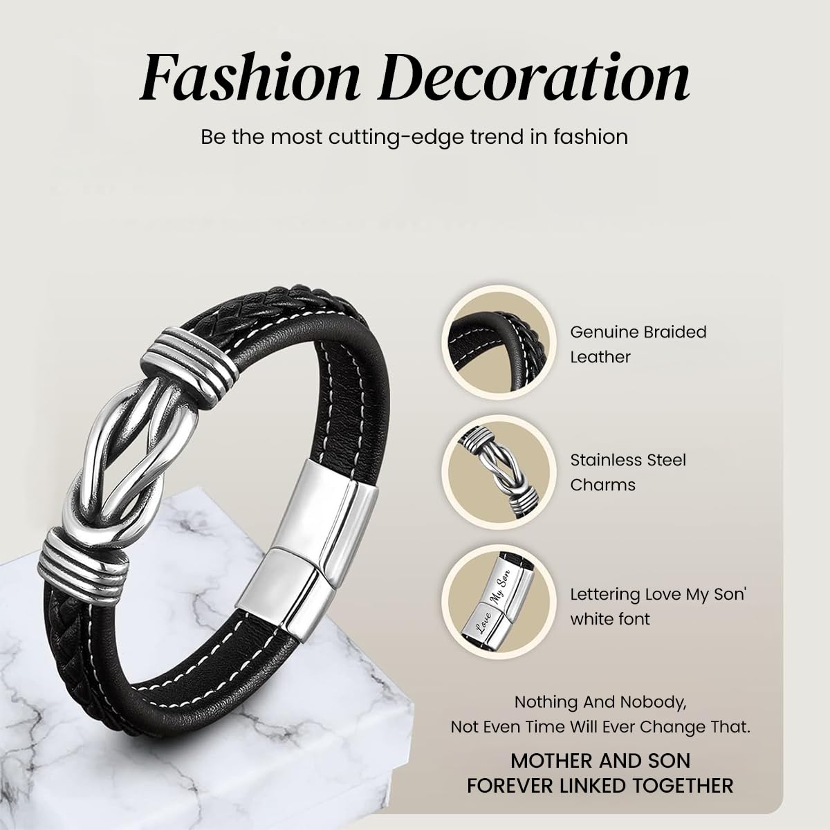 Venzina Leather Bracelet for Men featuring Titanium Steel Twist Ring 8.3 in Black PU | Gift Accessory