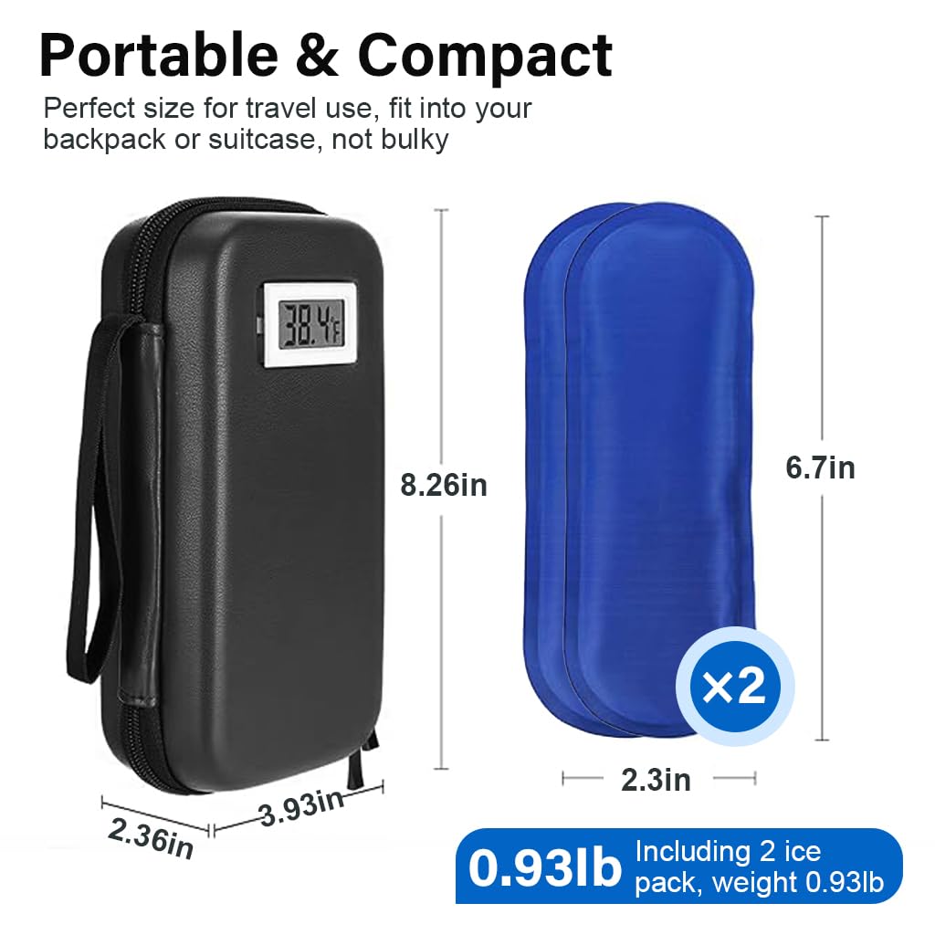 HANNEA Insulin Cooler Travel Case with Temperature Display and 2 Ice Packs for 4–6 Hours | Hard EVA Medicine Storage Box 10x21x6cm