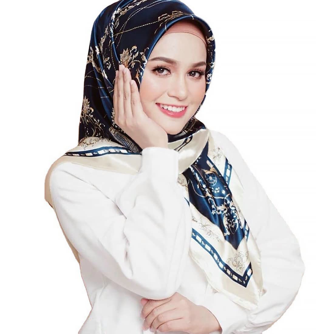 ZIBUYU Head Scarf for Women Satin Square Silk Material Women and Girl Scarf for Medium Size Head Scarf for Women, 35 inch - Blue