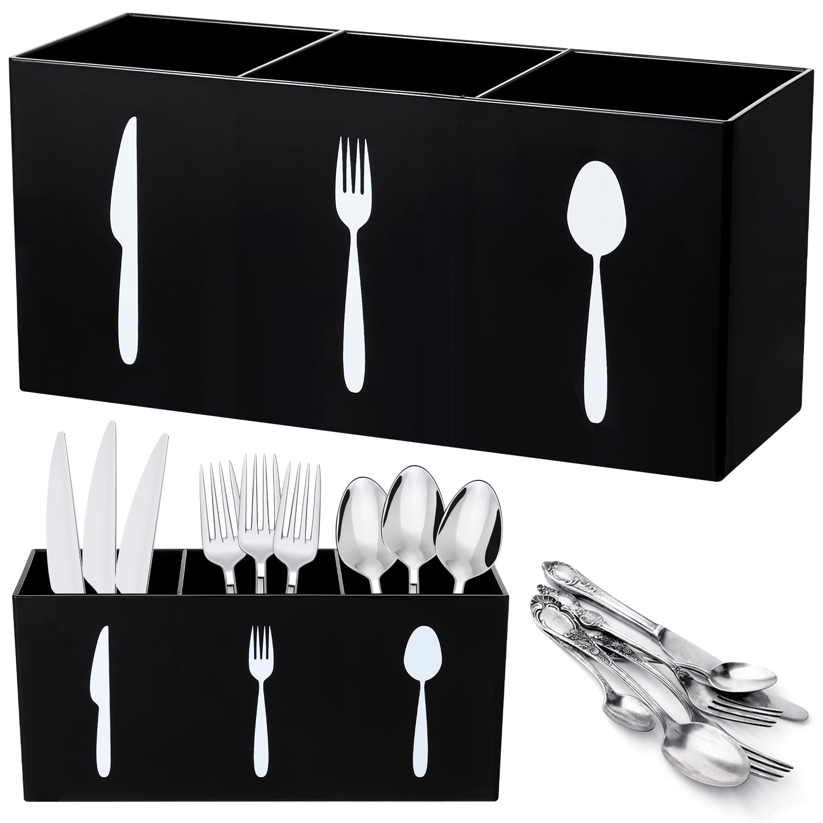 HASTHIP® Acrylic Cutlery Storage Organizer Bin Silverware Caddy Countertop Spoon and Fork Holder Kitchen 3 Section Tableware Storage Box for Cabinet Indoor Home Flatware Dining Room (Black,M)