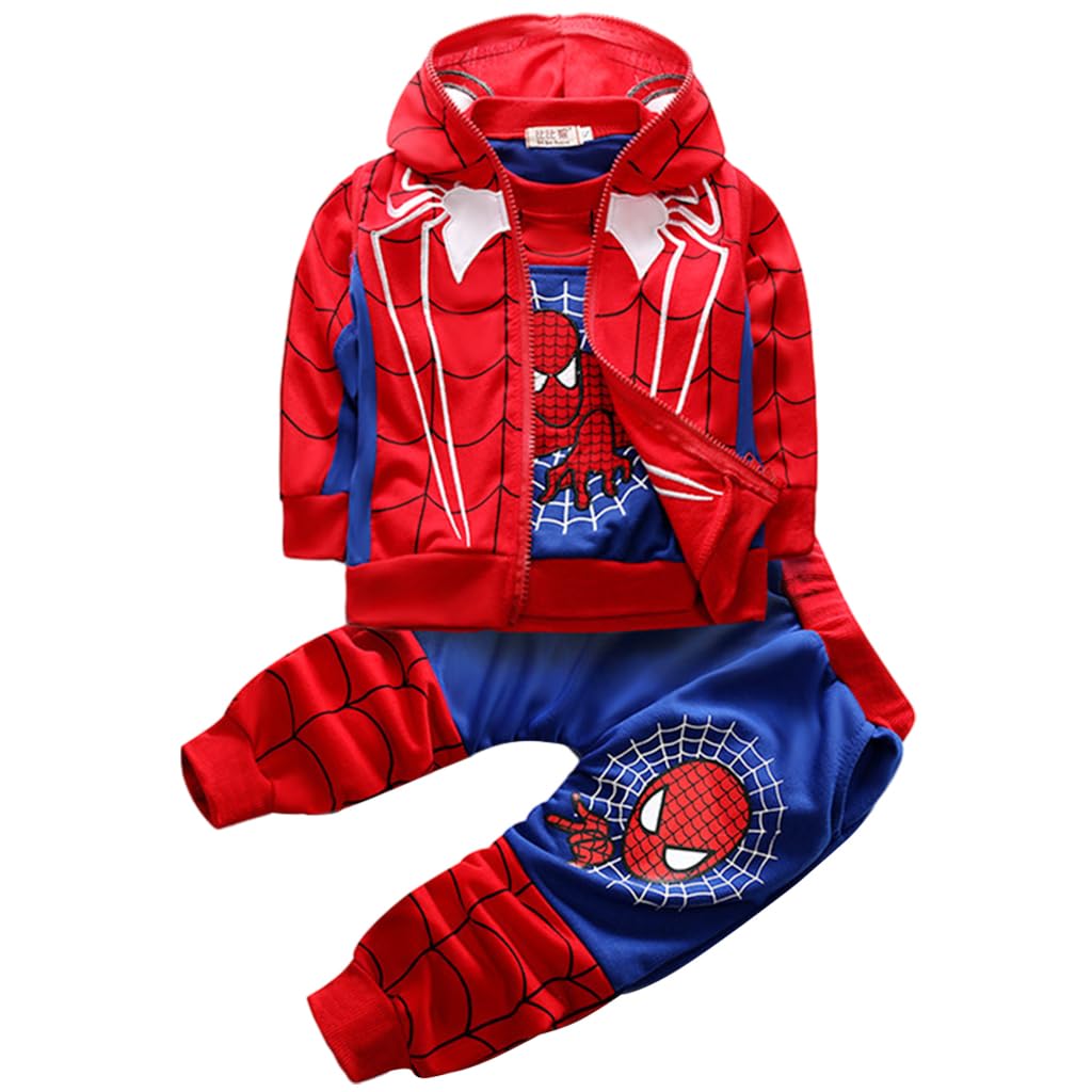 GUSTAVE® Spidernan Jacket Hoodies for Boys and Trousers Set of 3pcs, Cartoon Print Sweatshirt Sleeveless Hoodie Coat & Pants Set for Baby Boy 4-5 Years Old, Toddler Children Clothing Suit