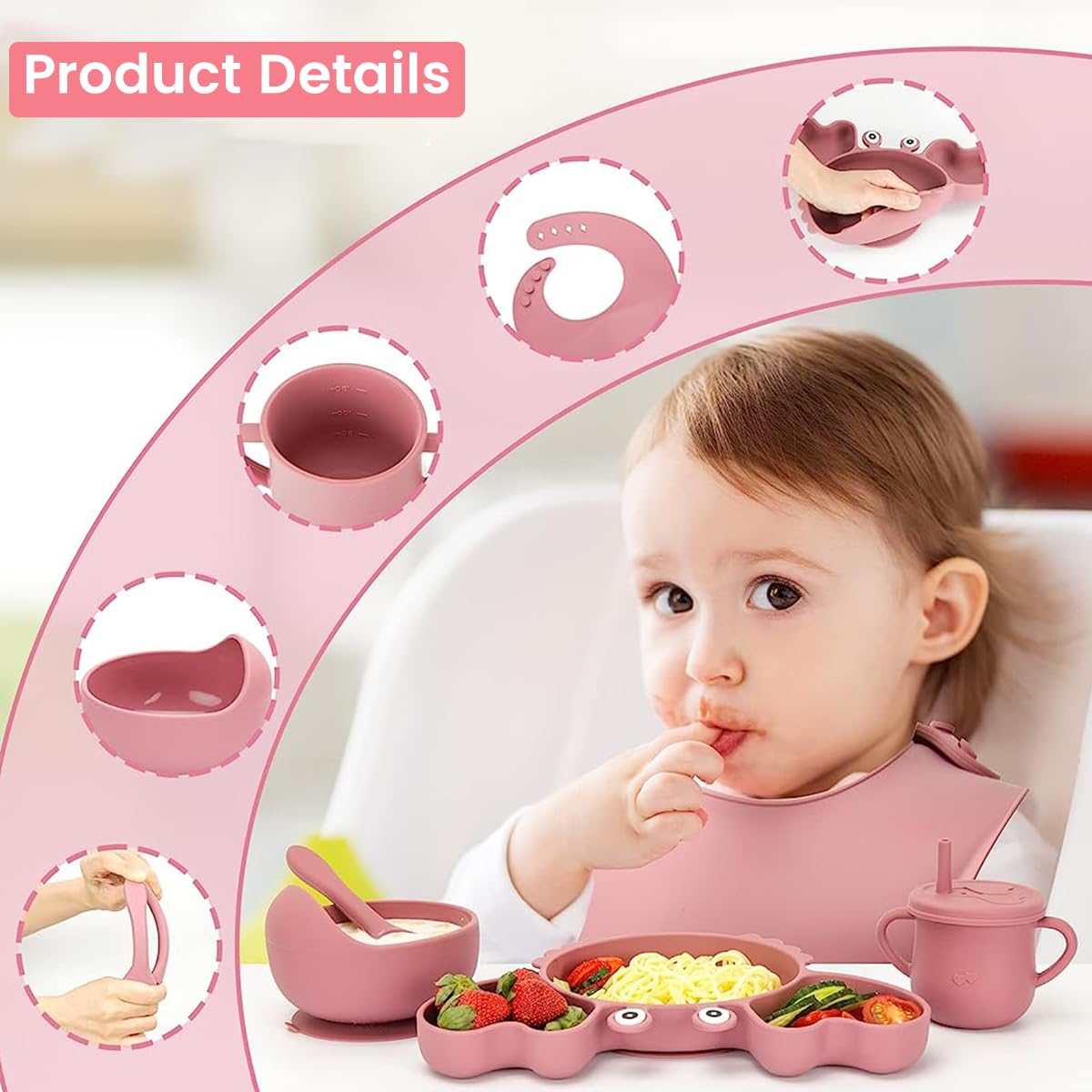 SNOWIE SOFT® 6pcs Silicone Tableware Kit for Baby, Foodgrade Silicone Tableware Kit with Suction Plate & Bowl, Cup with Straw, Spoon Fork and Bib, BPA-Free Dishwasher & Microwave Safe Baby Product